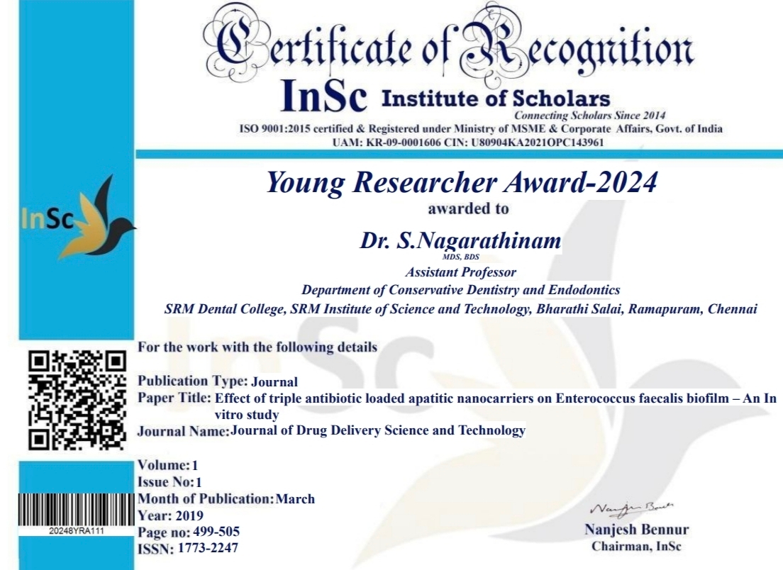 Conservative dentistry certificate of Dr. S. Nagarathinam, MDS — Smile Story Dental Clinic
