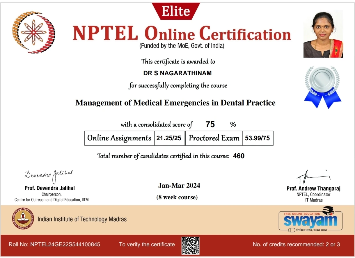 Professional dental award presented to Dr. S. Nagarathinam, MDS at Smile Story Dental Clinic, Madurai